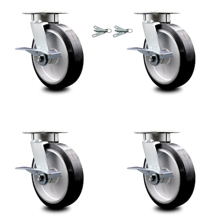 Service Caster 8 Inch Kingpinless Rubber on Aluminum Wheel Caster Brakes 2 Swivel Locks, 4PK SCC-KP30S820-RAR-SLB-BSL-2-SLB-2